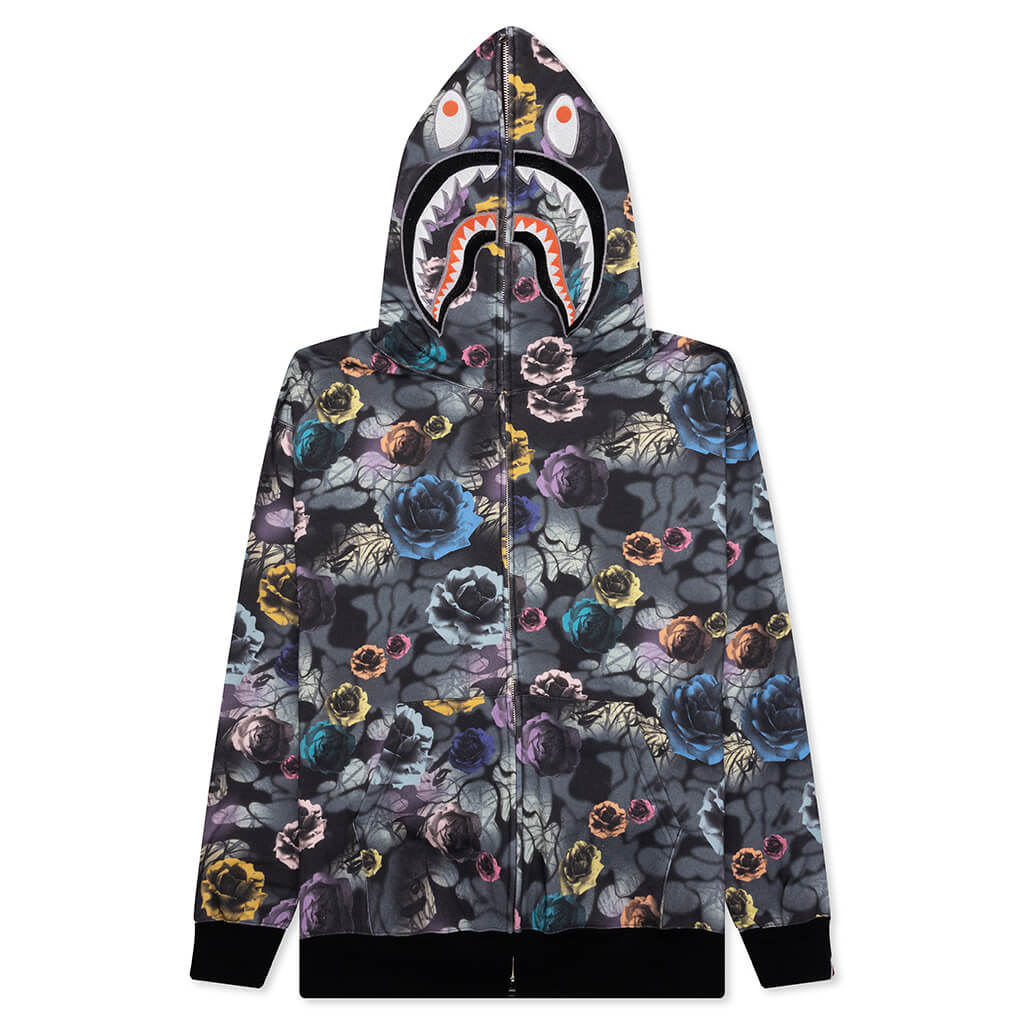 Floral Camo Shark Relaxed Fit Full Zip Hoodie Black