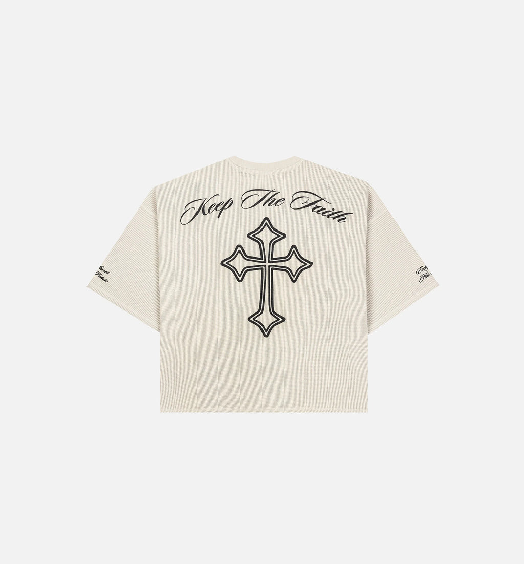 Keep The Faith Thermal Mens Short Sleeve Shirt Beige Black