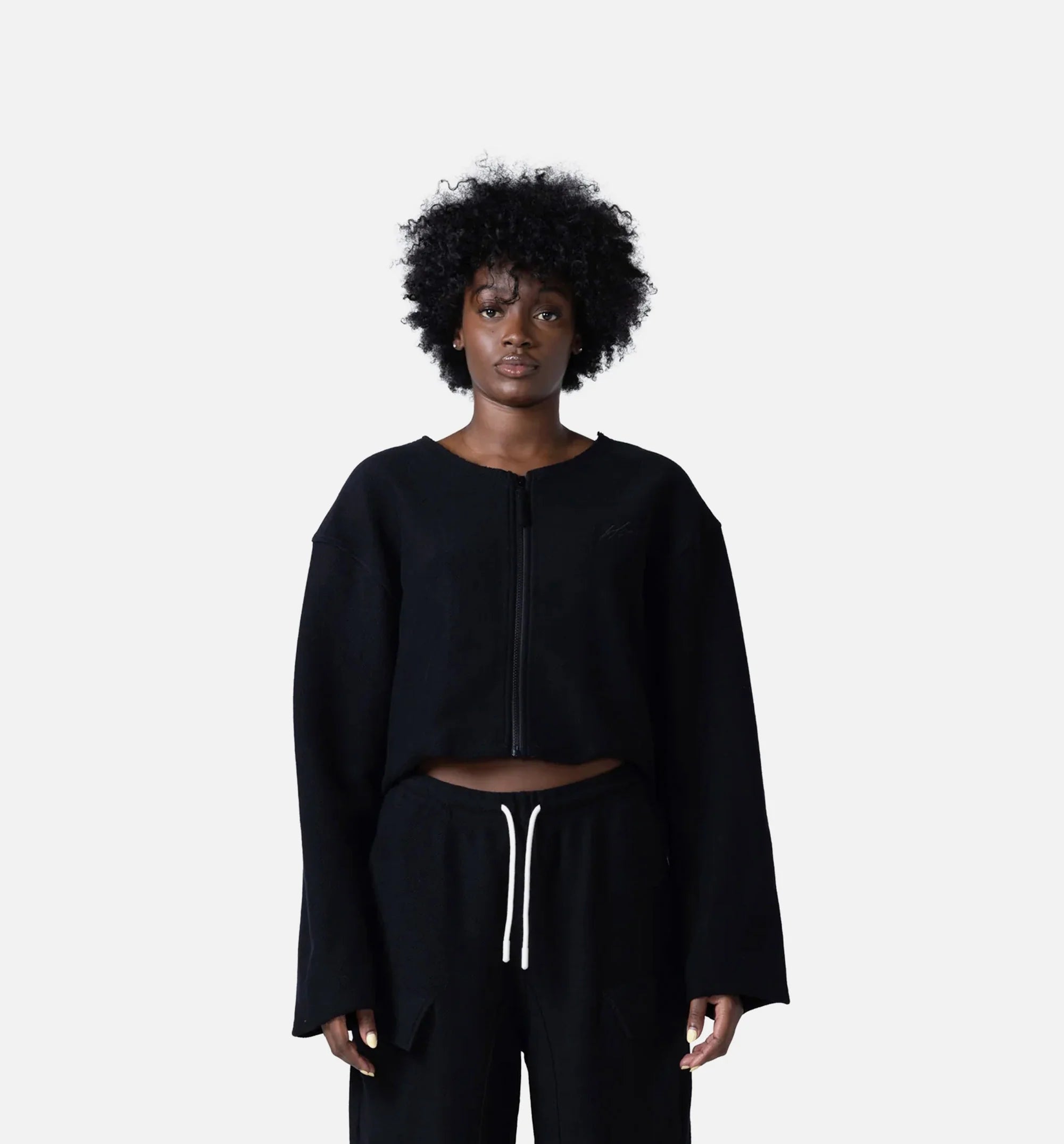 Round Crop Zip Crew Womens Sweatshirt Black