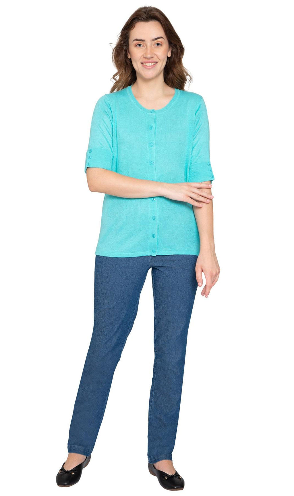 Women's Button Front Cardigan with a Unique Elbow Cuff Style
