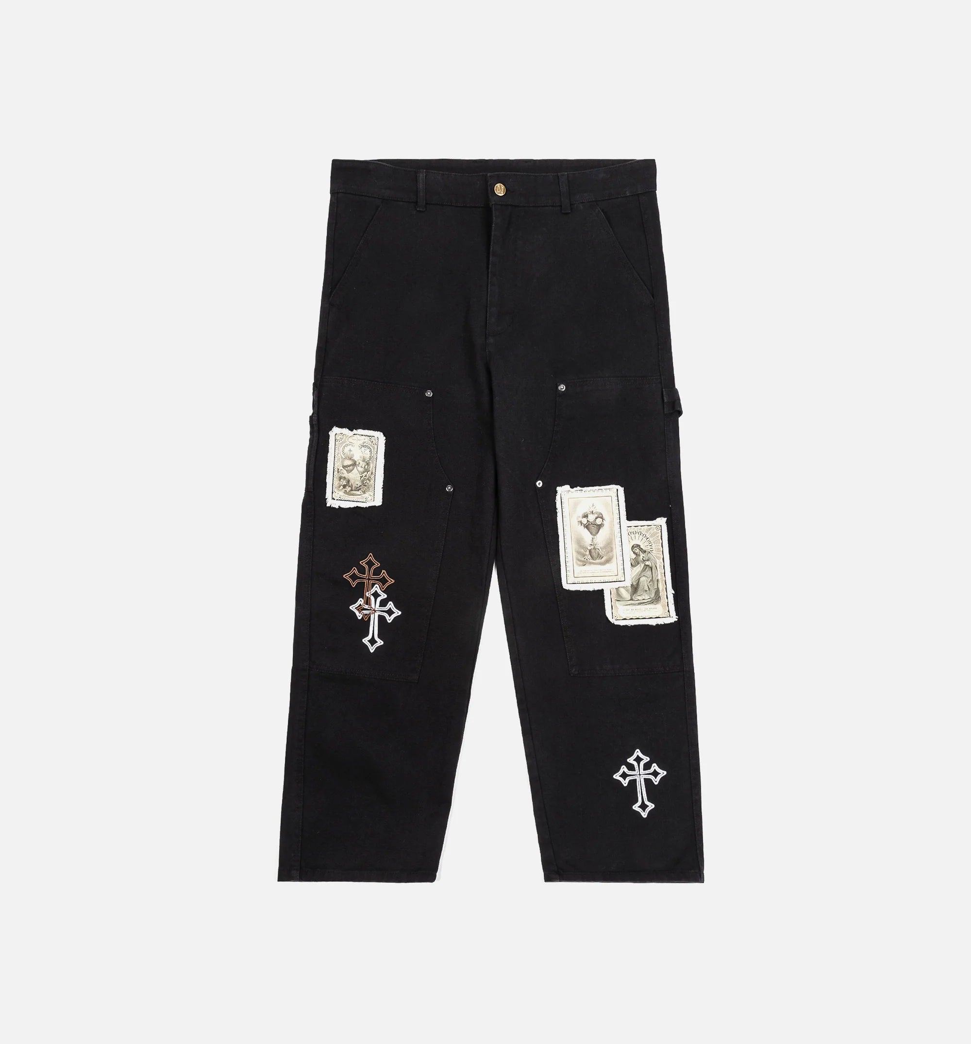 Crosses Patched Denim Mens Pants Black White