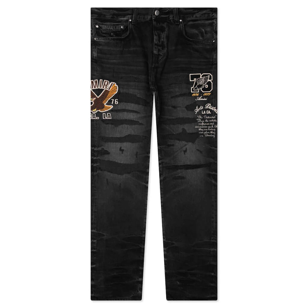 Varsity Eagle Logo Straight Jean Faded Black