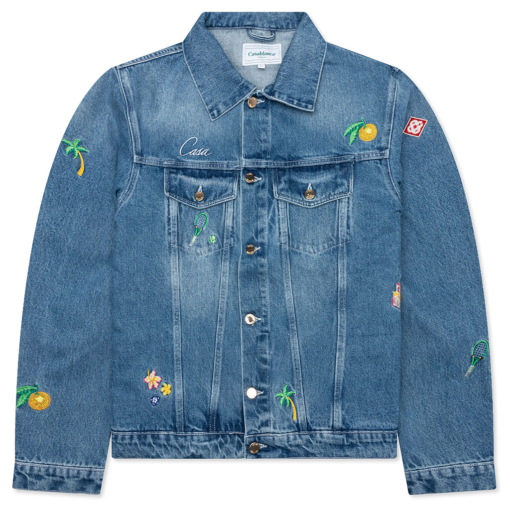 Stone Wash Denim Embroidered Motif Jacket Stone Wash