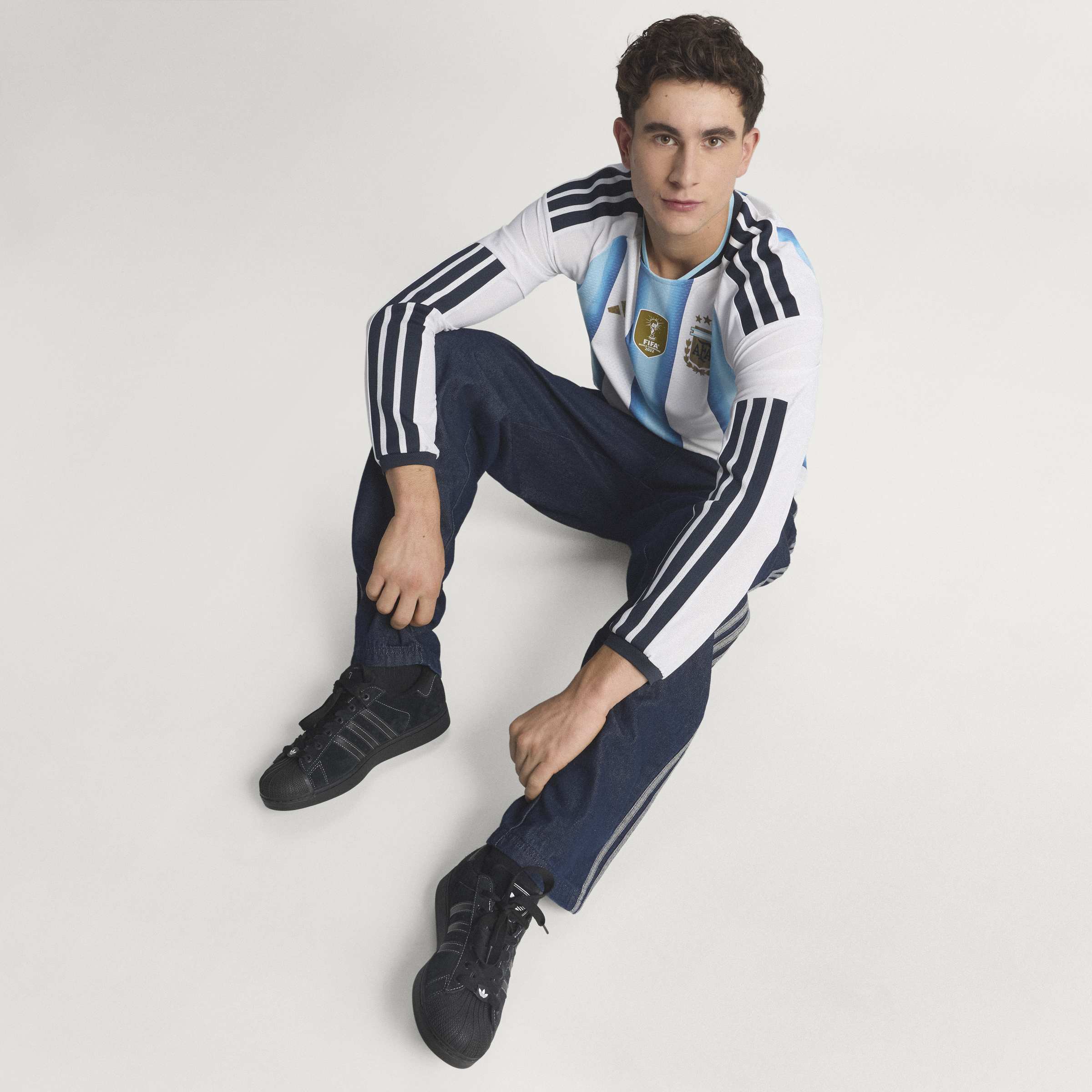 adidas Argentina Home Authentic Long Sleeve Mens Soccer Jersey 26 White Blue