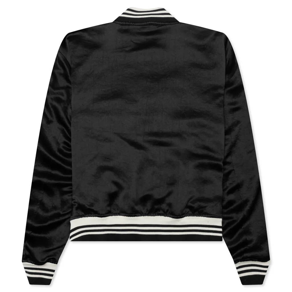 Satin Cropped Varsity Jacket Black