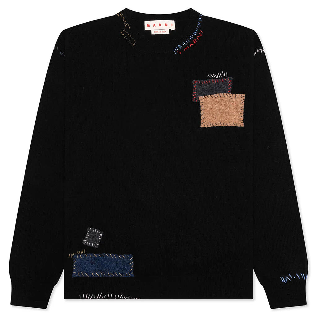 Wool Patch Mending Roundneck Sweater Black