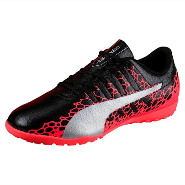 PUMA Kids Evopower Vigor 4 Graph TT Jr Turf Soccer Boots Black Silver Fiery Coral