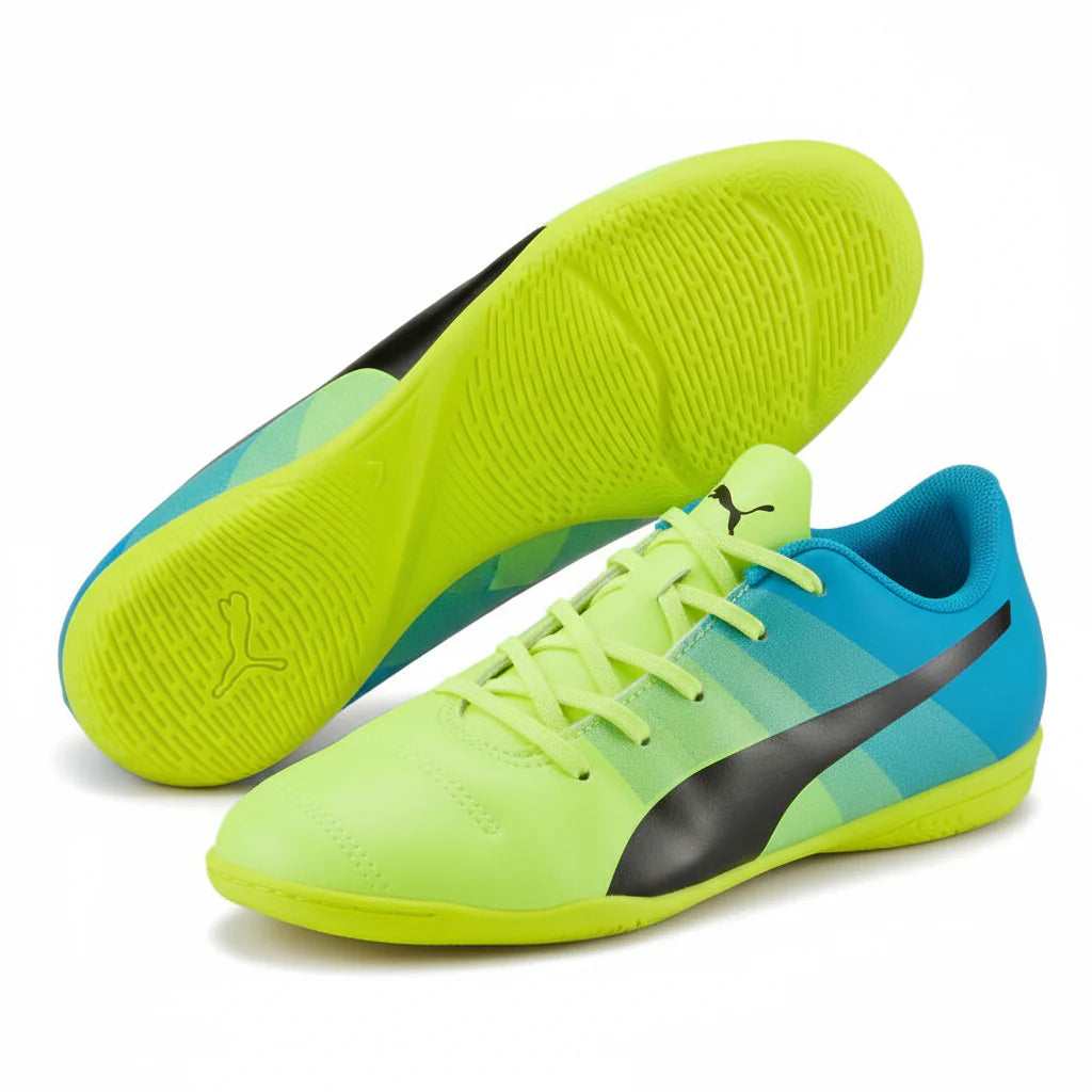 PUMA Evopower 43 IT JR Youth Indoor Soccer Shoes Safety Yellow Black Atomic Blue