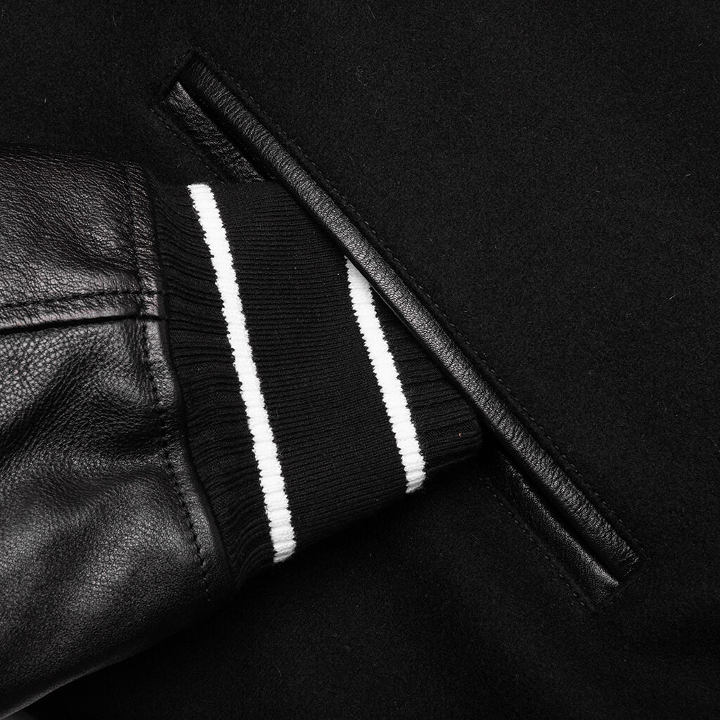 Hooded Varsity Jacket in Wool and Leather Black