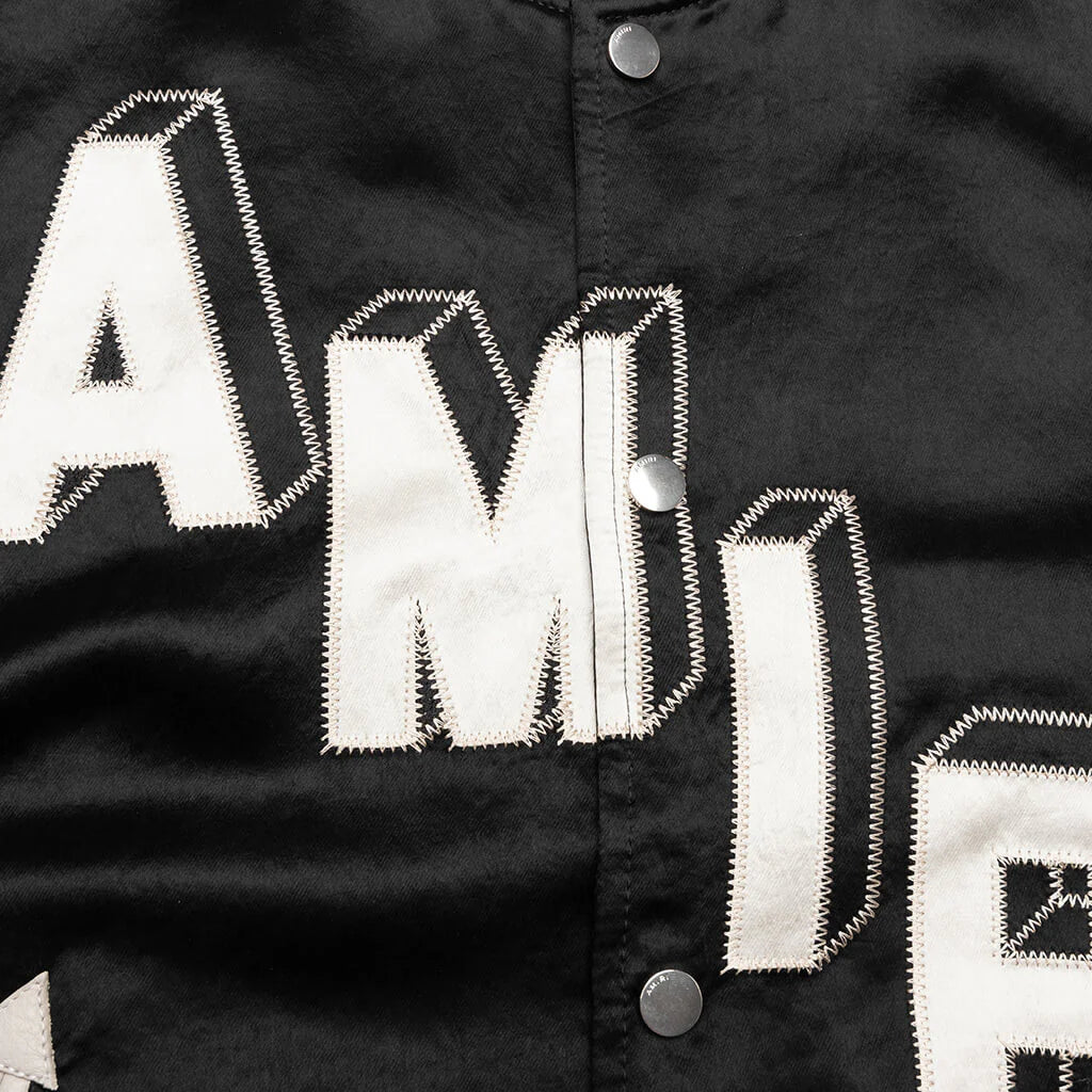 Satin Cropped Varsity Jacket Black