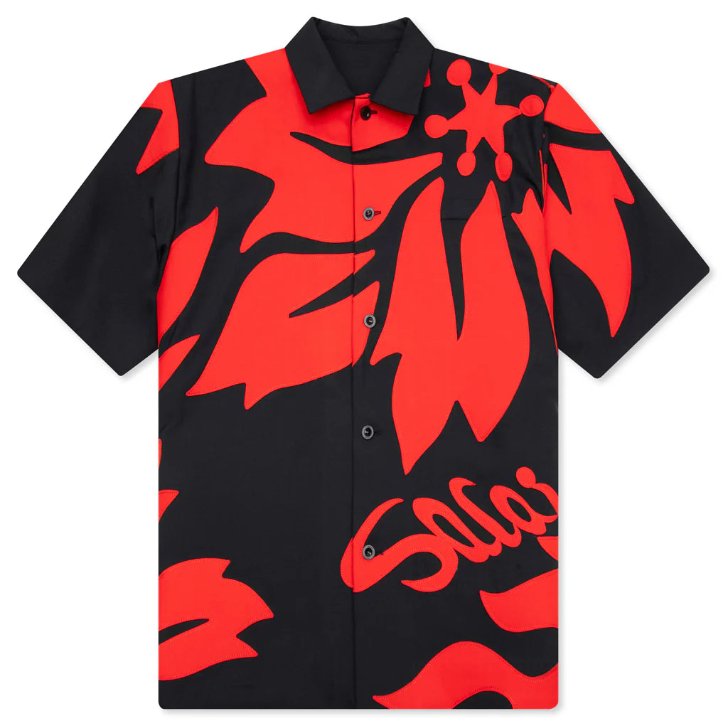 Floral Embroidered Patch Suiting Shirt Navy Red