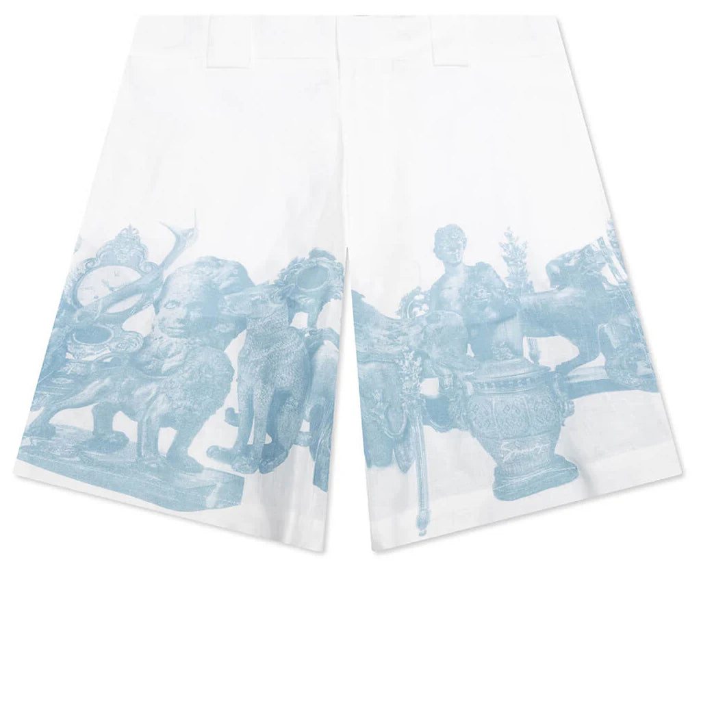 Linen Bermuda Hawaiian Shorts with Hubert Objects Print Blue White