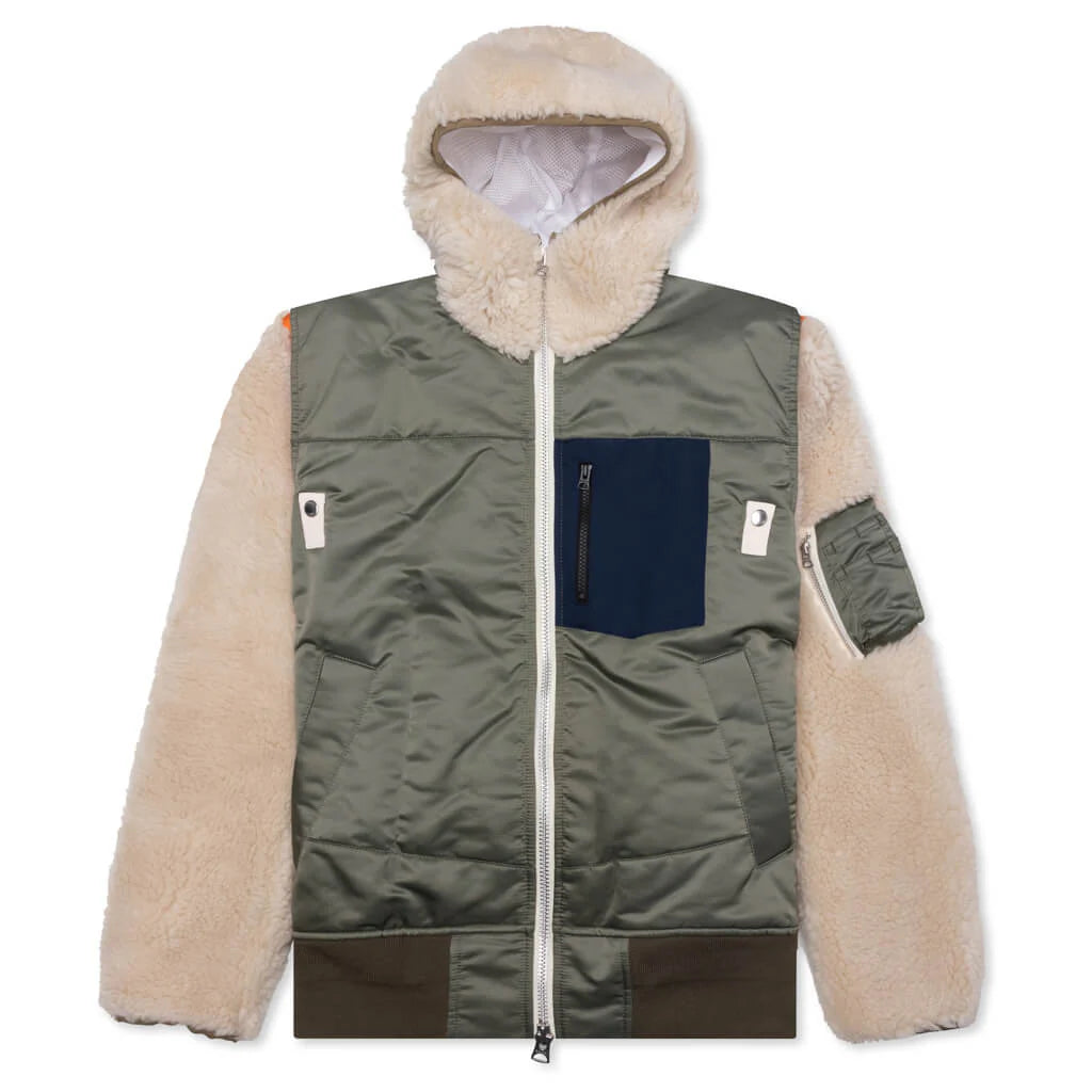 Faux Shearling Nylon Twill Blouson Khaki Ecru