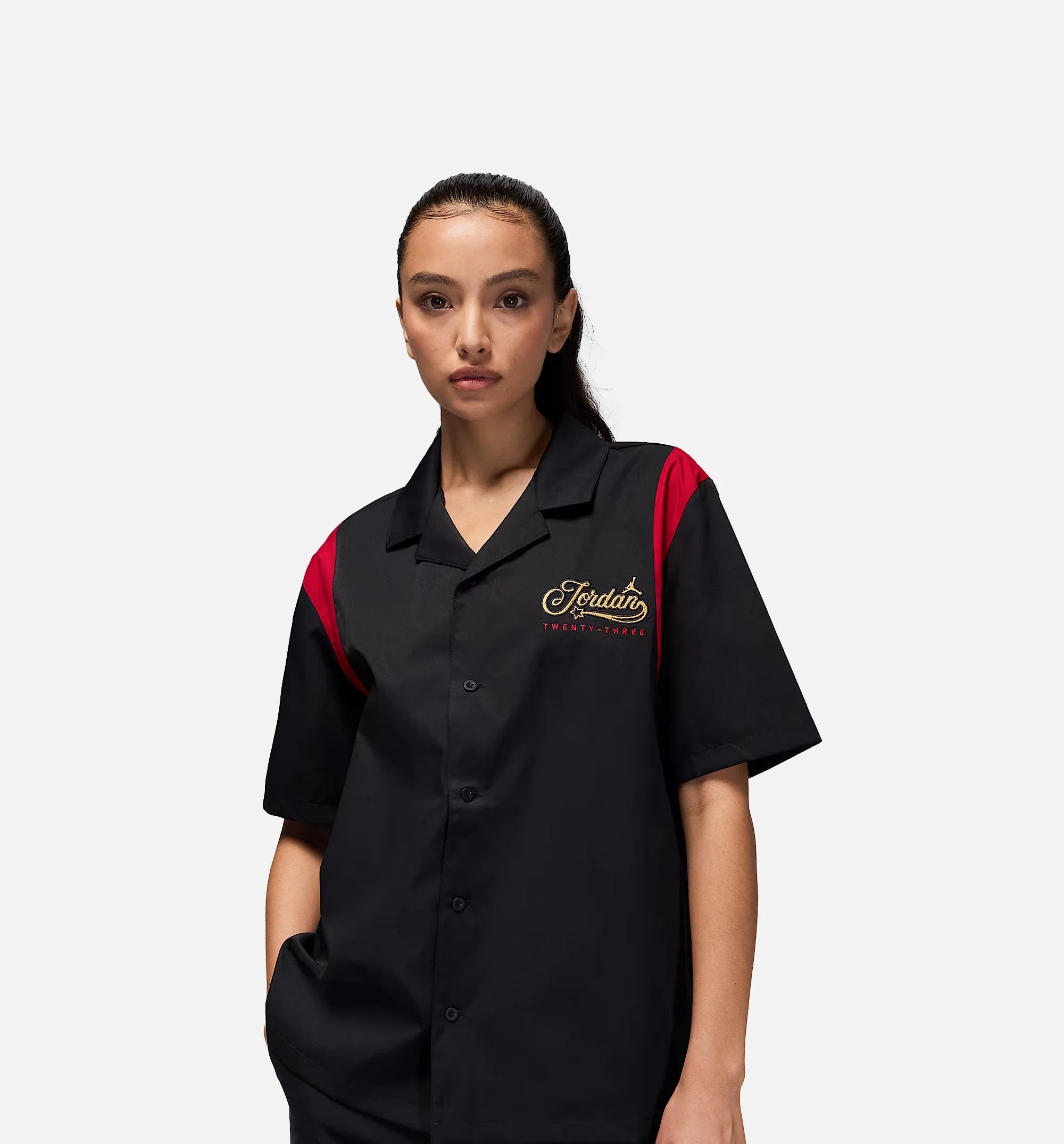 Button Up Womens Short Sleeve Shirt Black Gym Red