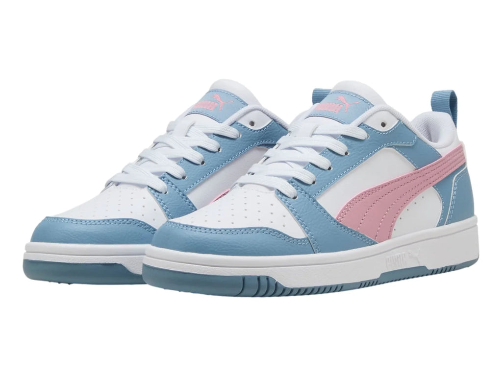 Tenis PUMA Rebound V6 Lo Blanco Rosa y Azul para Niña