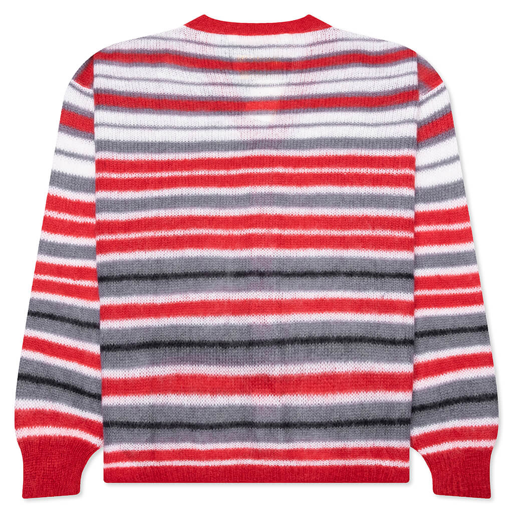 Logo Embroidered Striped Mohair Blend Cardigan Red Grey