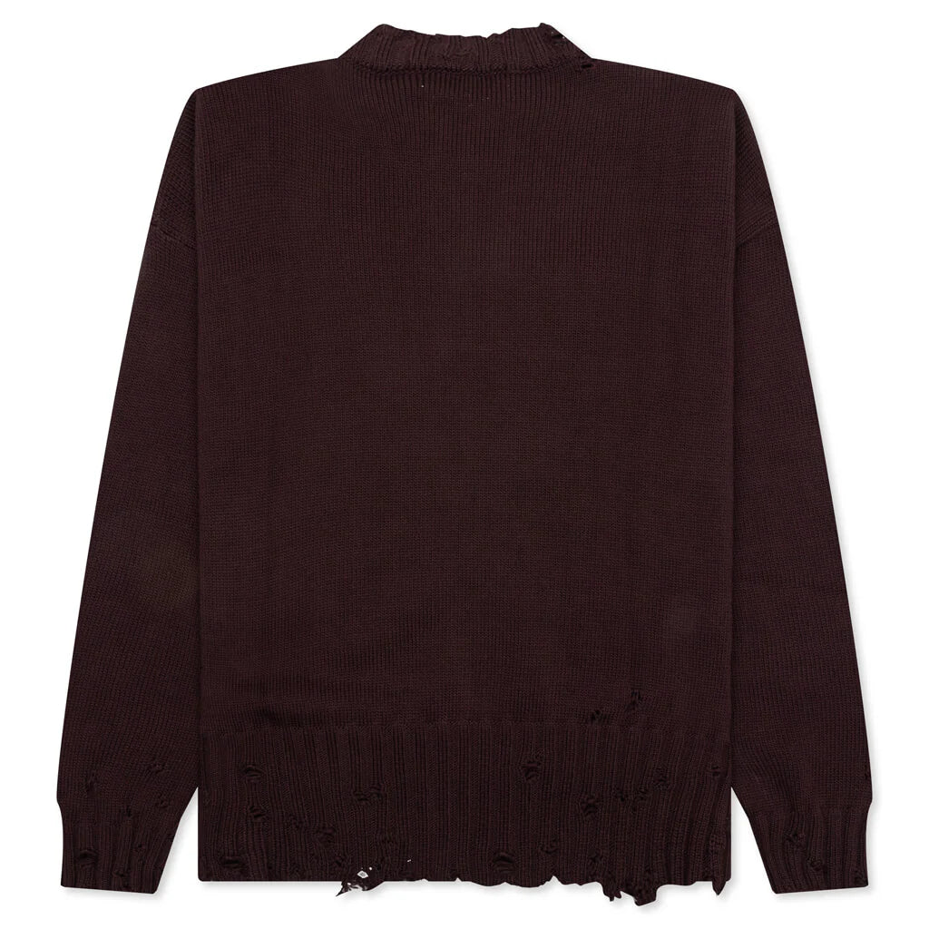 Round Neck Distressed Sweater Dark Raisin