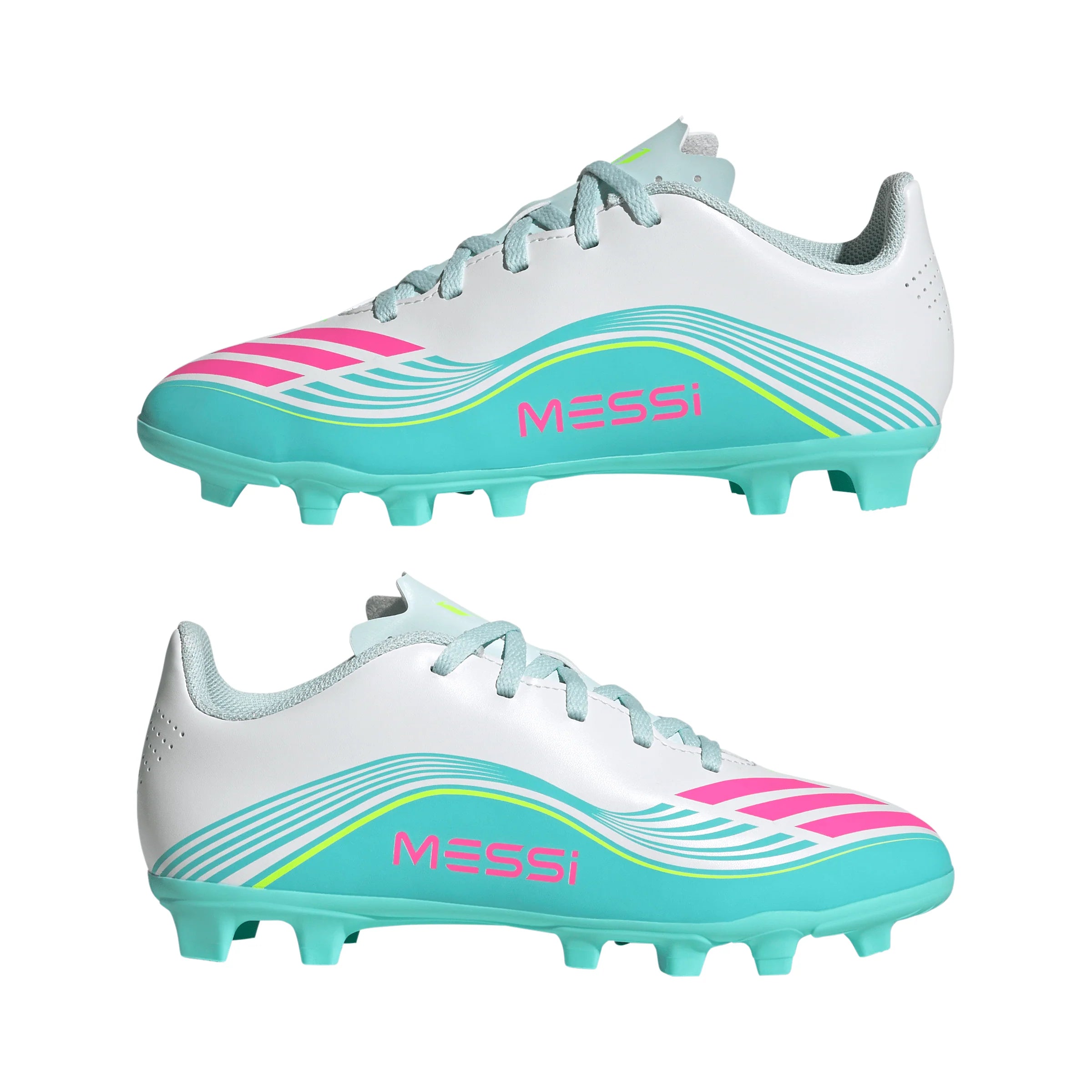 adidas F50 Messi Club Firm Ground Multi Ground Youth Soccer Cleats White Pink Aqua