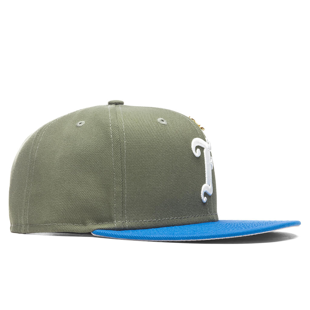 Feature x New Era Old English F Snapback Hat w Pin Olive Rainstorm Blue