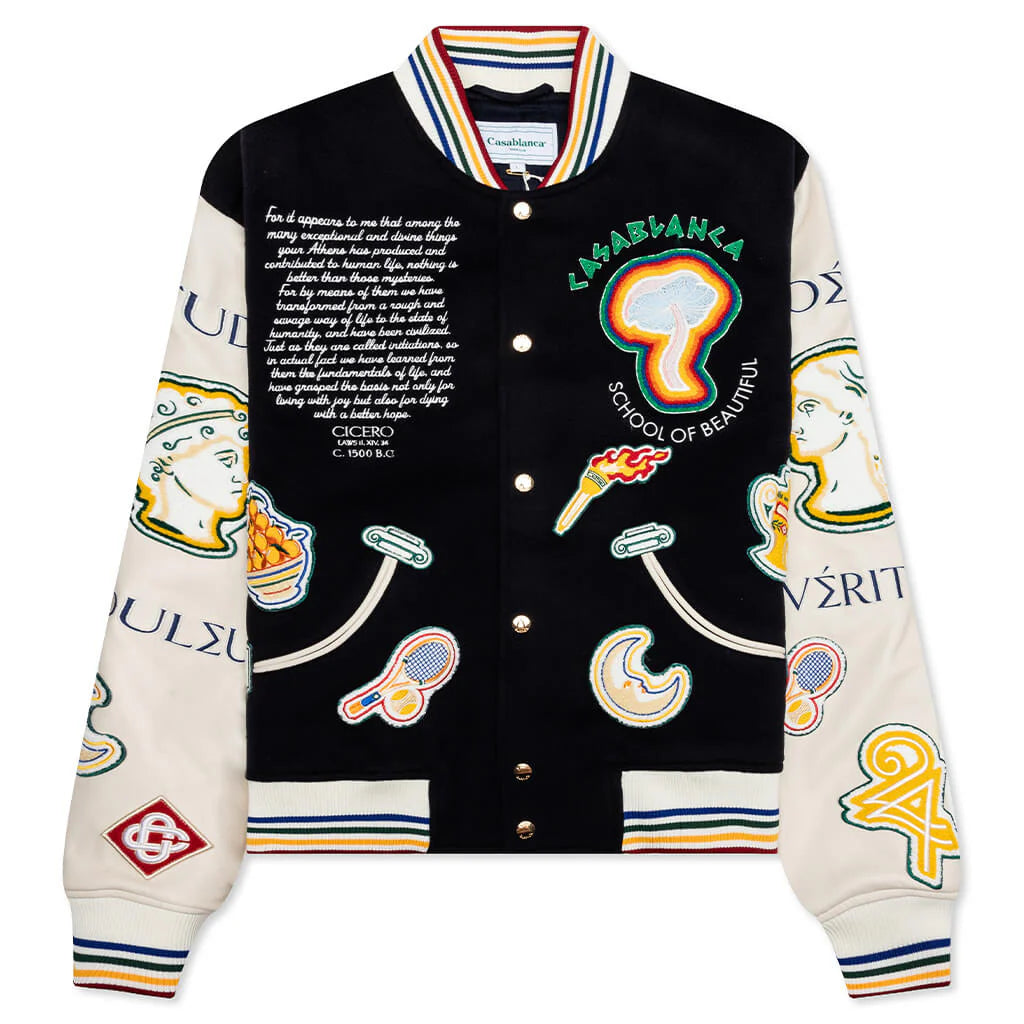 Chenille Embroidered Patchwork Bomber Jacket Navy Off White