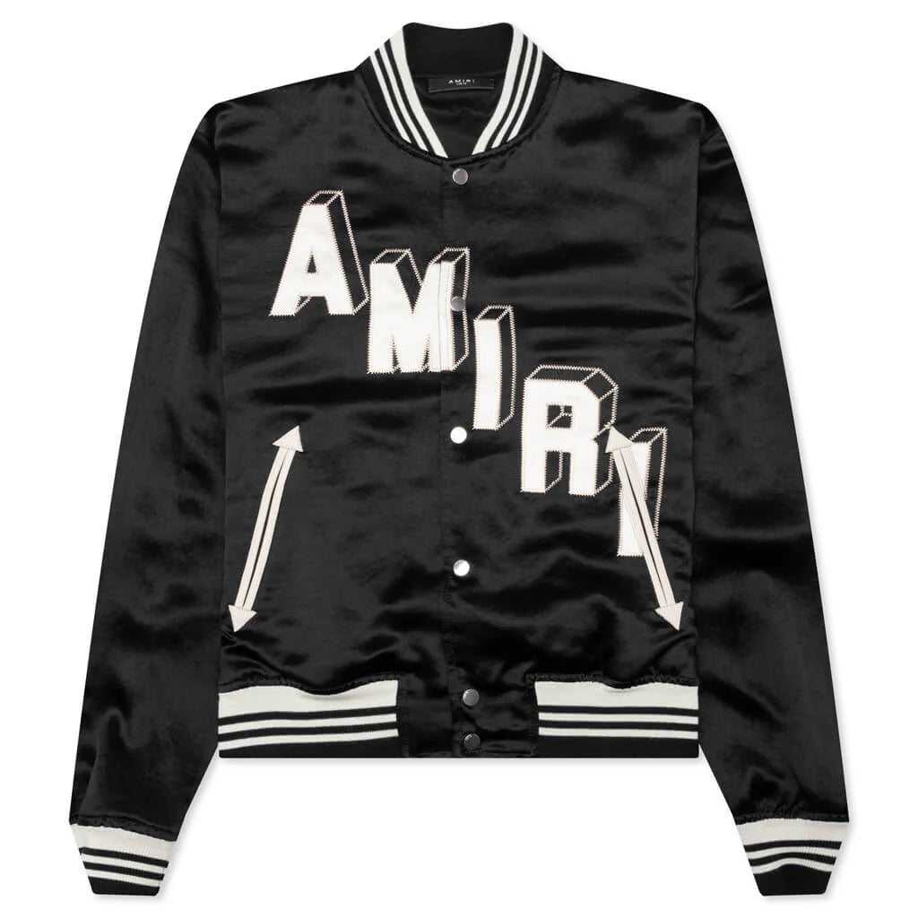 Satin Cropped Varsity Jacket Black