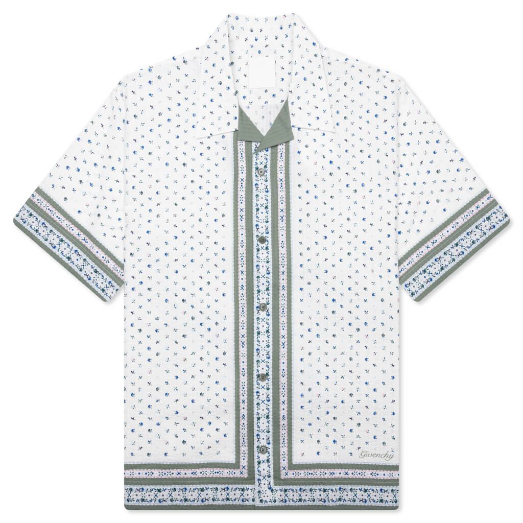 Floral Print Boxy Fit Shirt in Cotton Seersucker Cream Green
