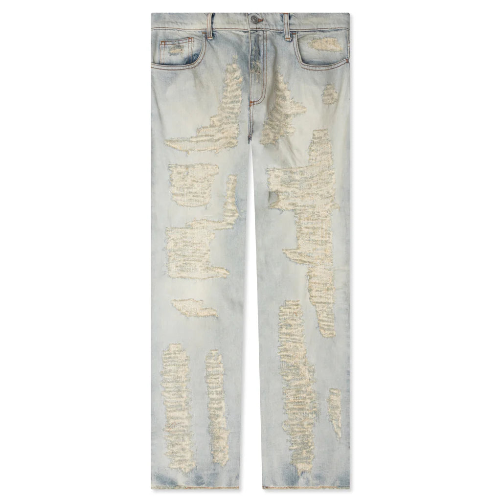 Destroyed Embroidery Jean Tan Denim Blue