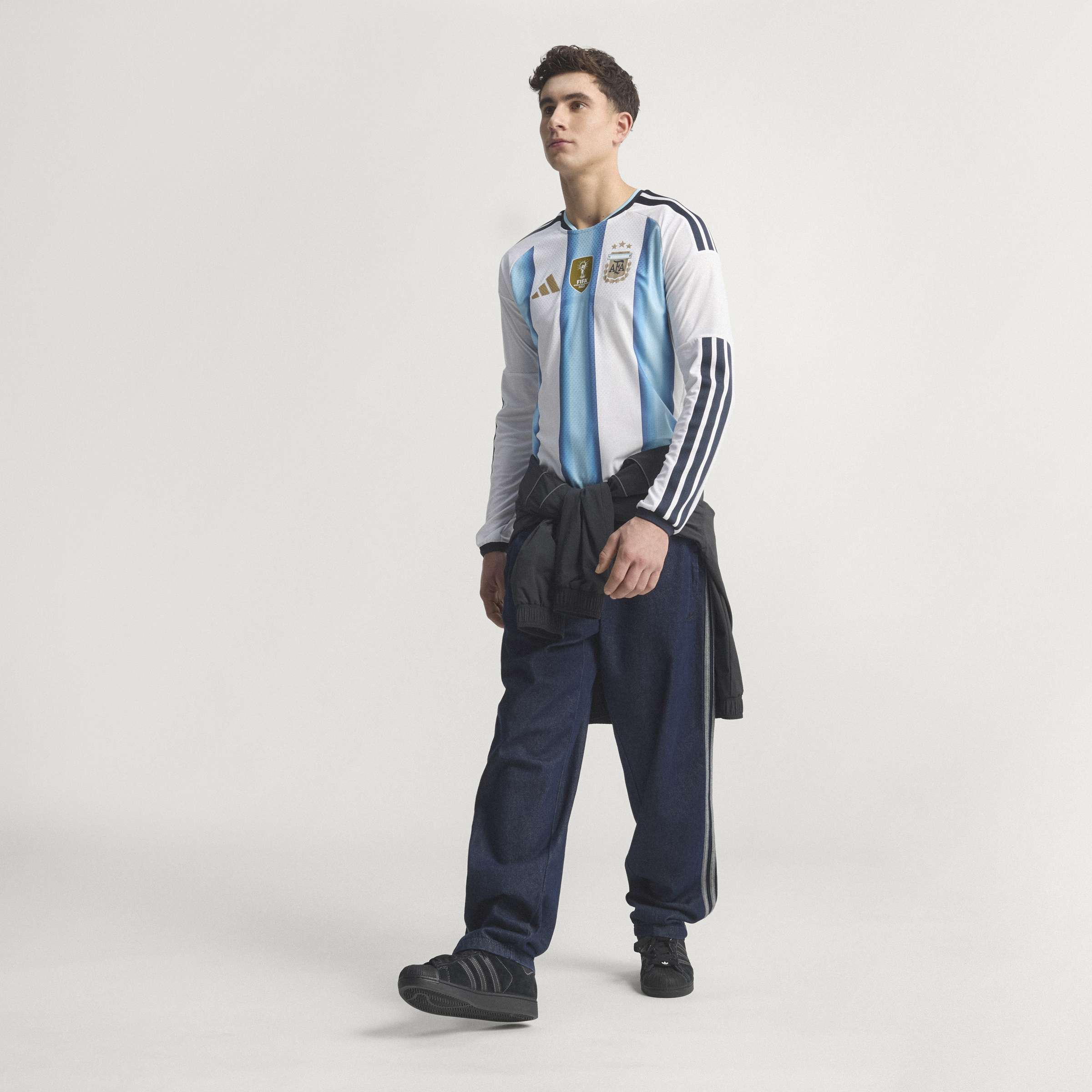 adidas Argentina Home Authentic Long Sleeve Mens Soccer Jersey 26 White Blue