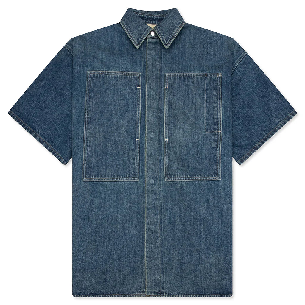 Washed and Bleached Raw Denim Shirt Blue