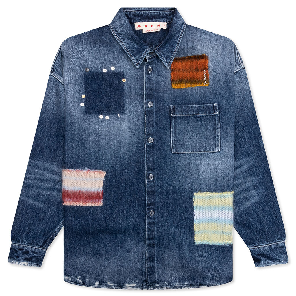 Virgin Wool Shirt With Knitted Patches Deep Blue