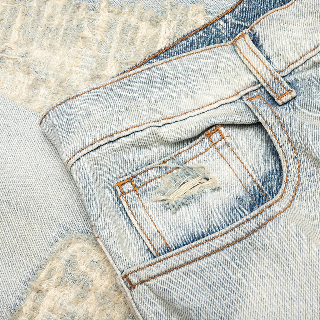 Destroyed Embroidery Jean Tan Denim Blue