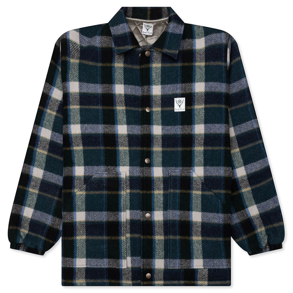 Wool Melton Plaid Coach Jacket Green