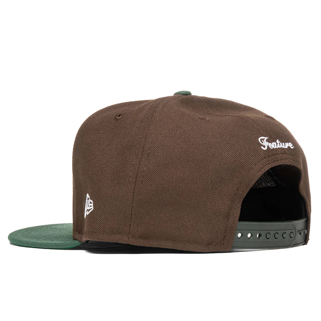 Feature x New Era Old English F Snapback Hat w Pin Walnut Cilantro Green