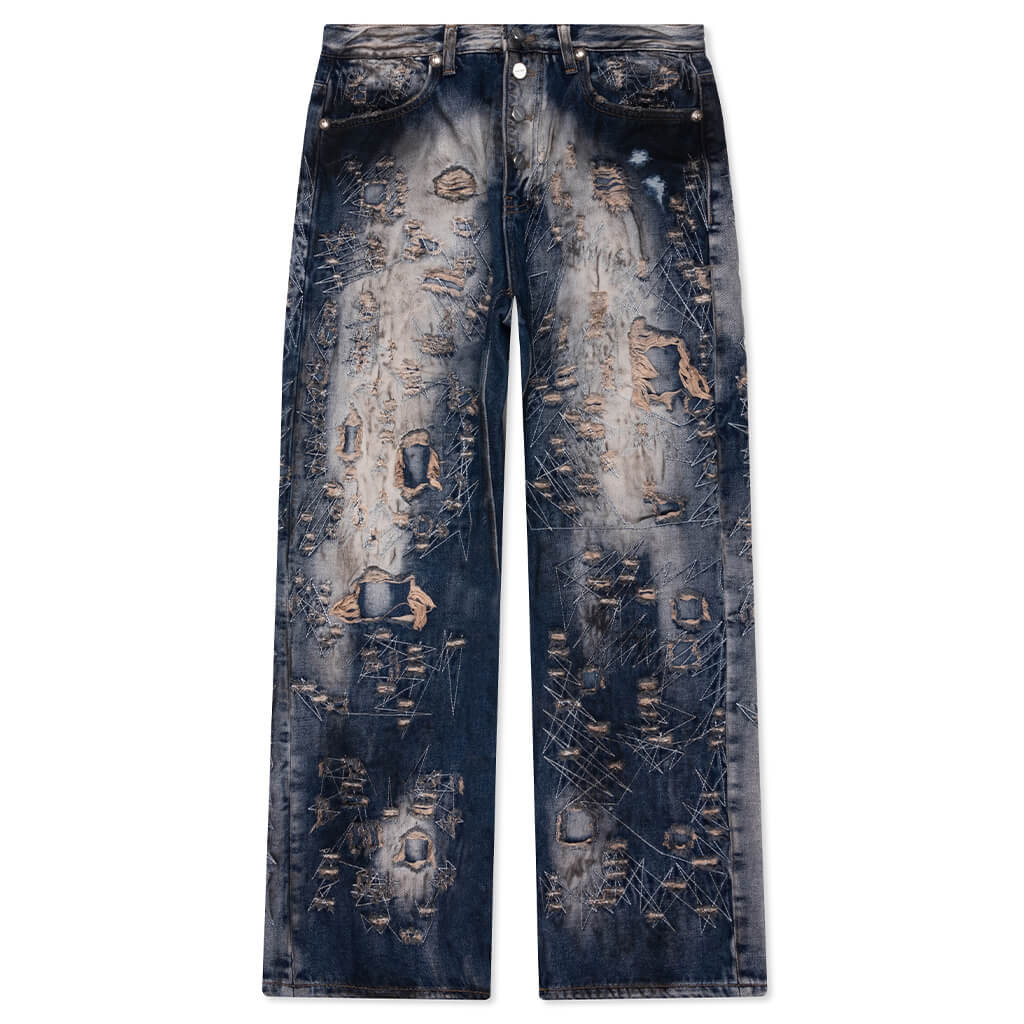 Hard Washed Damaged Denim Pants Blue
