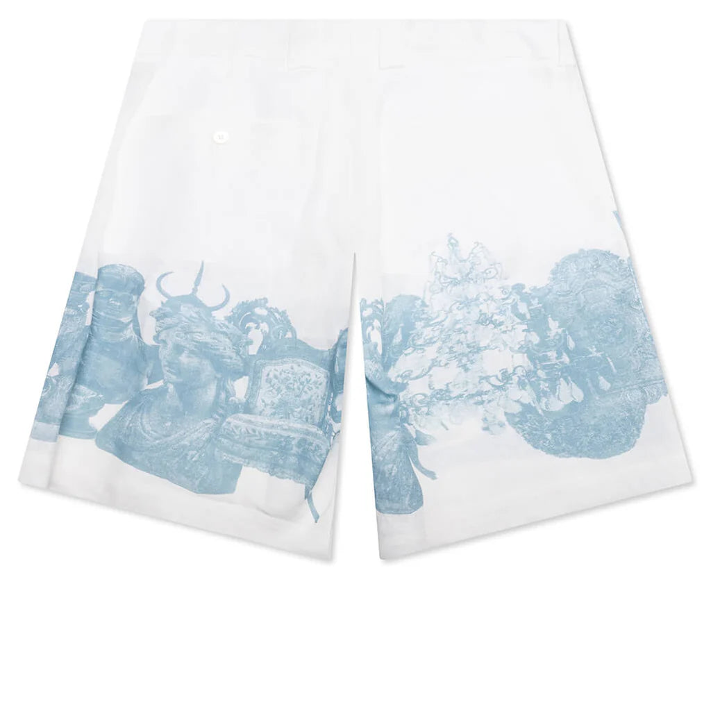 Linen Bermuda Hawaiian Shorts with Hubert Objects Print Blue White