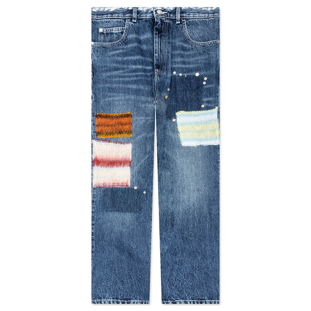 Virgin Wool Denim Trousers With Knitted Patches Deep Blue