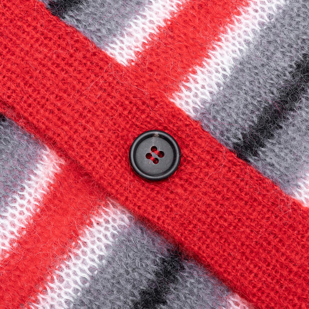 Logo Embroidered Striped Mohair Blend Cardigan Red Grey