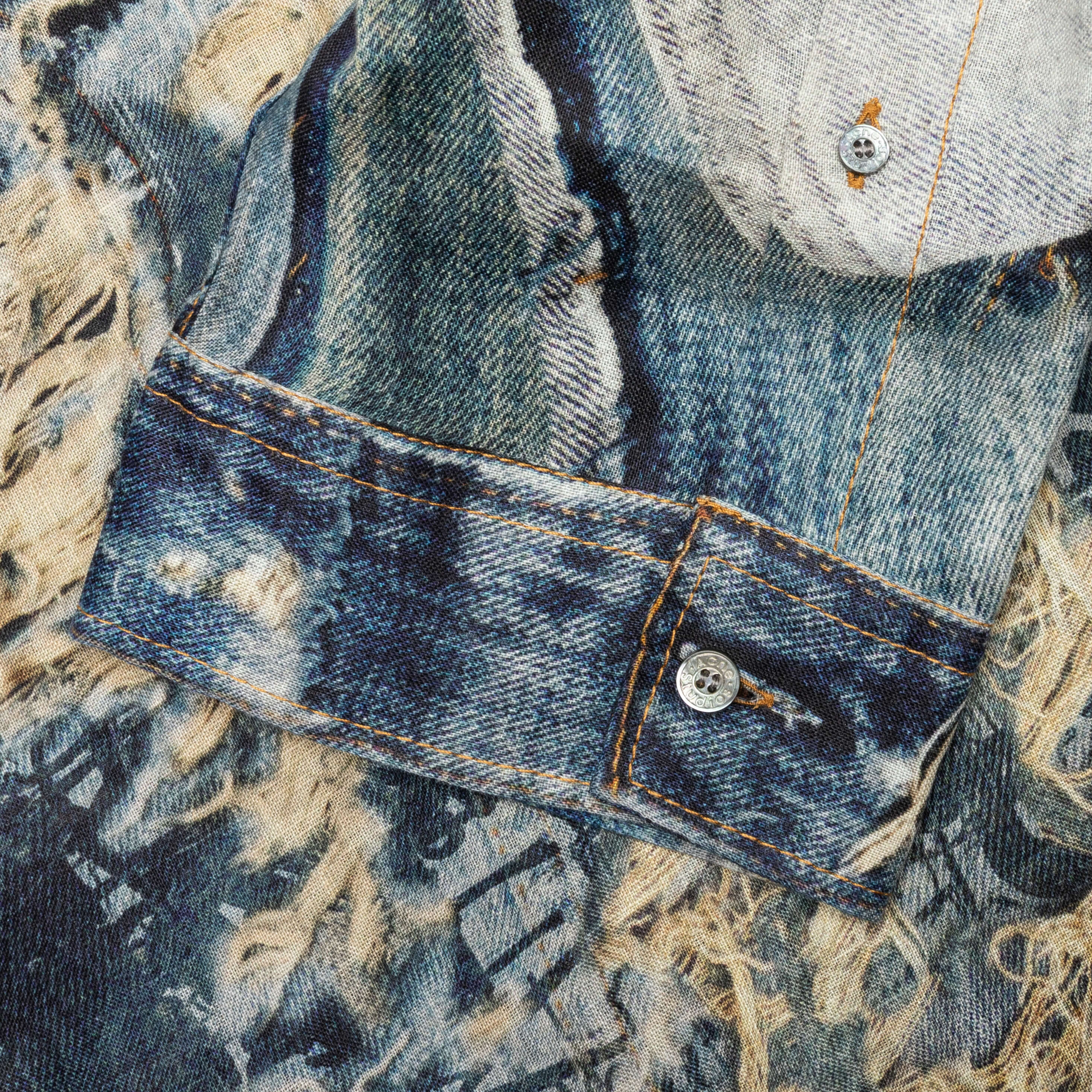 Trompe Loeil Distressed Denim Print Button Up Fn Mn Shir000872 Denim Blue