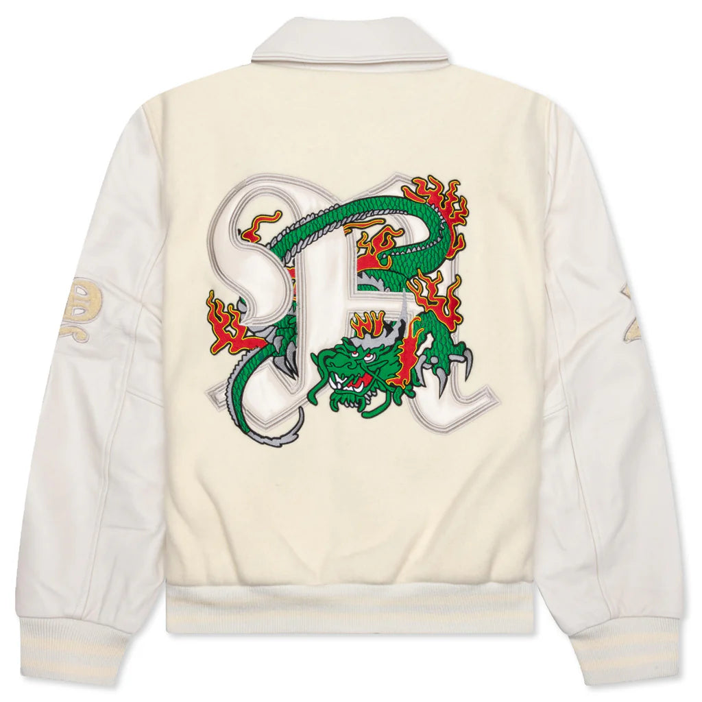 Dragon Embroidered Varsity Jacket Off White