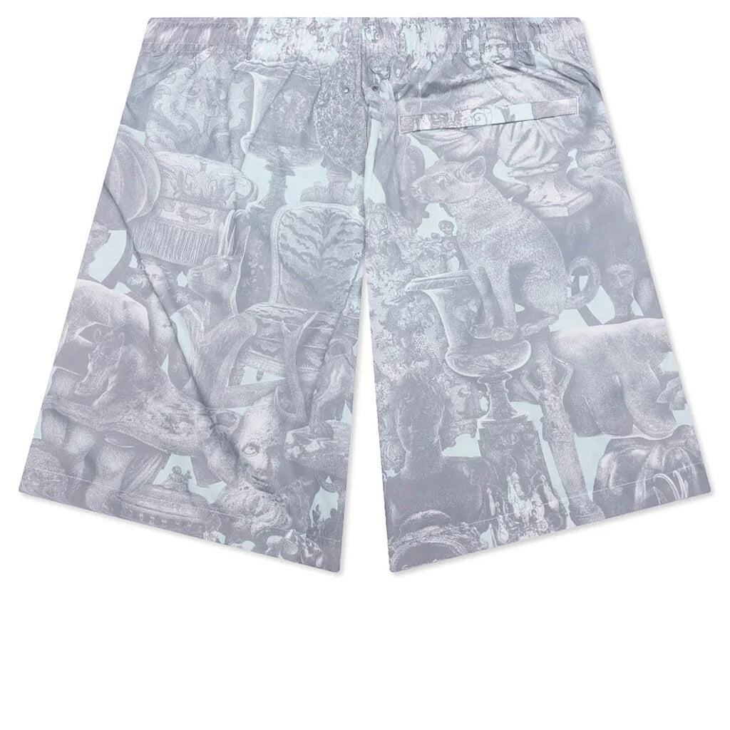 Linen Bermuda Swim Shorts with Hubert Objects Print Prussian Blue Grey