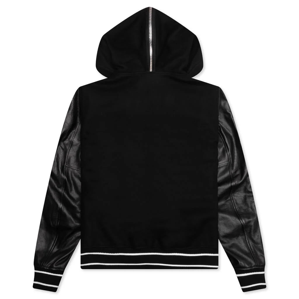 Hooded Varsity Jacket in Wool and Leather Black