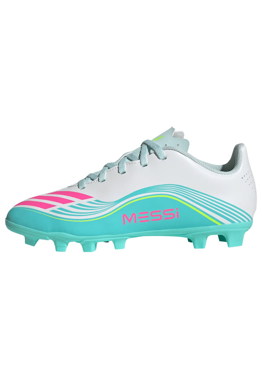 adidas F50 Messi Club Firm Ground Multi Ground Youth Soccer Cleats White Pink Aqua