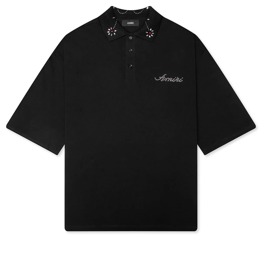 Stud Collar Oversized Polo Black